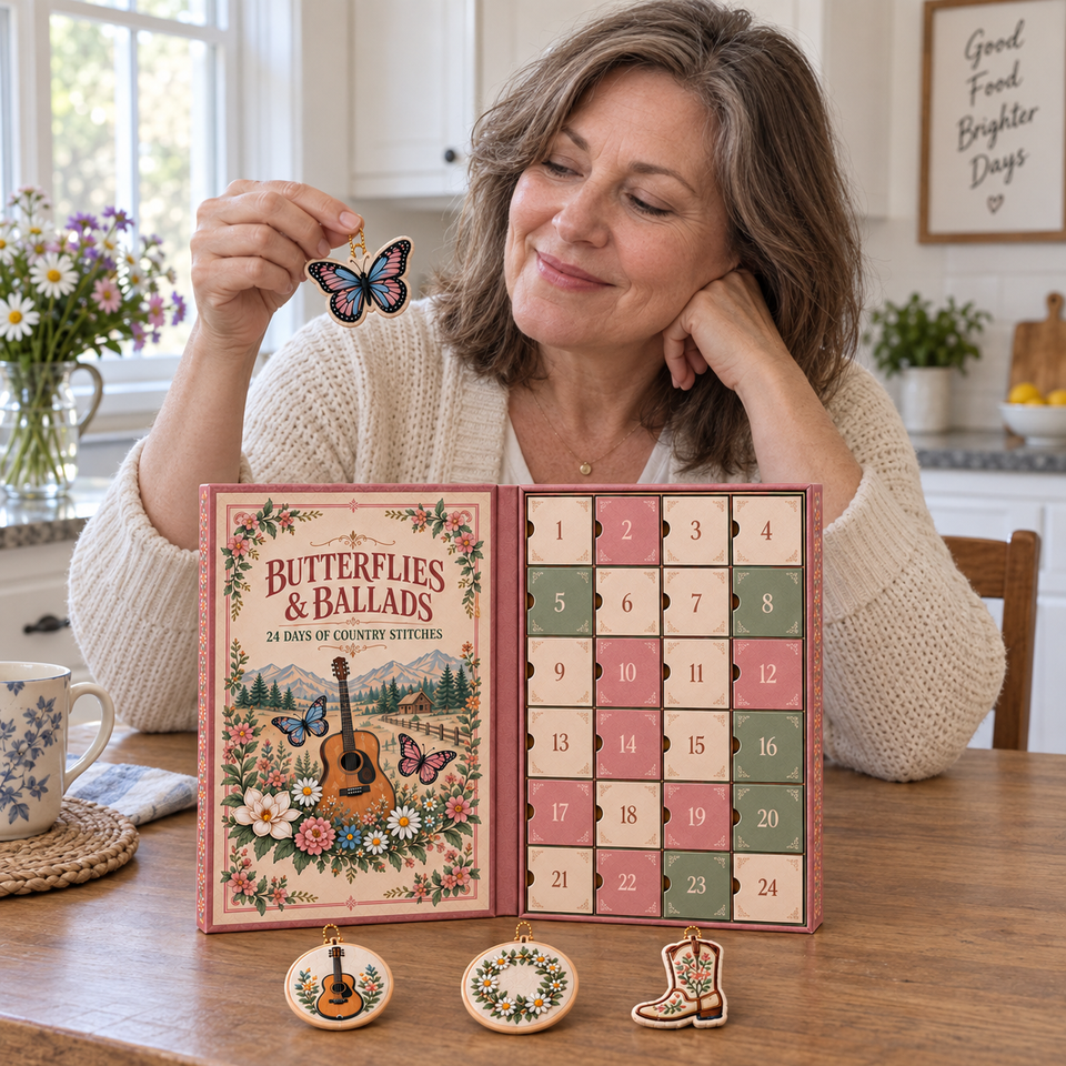 Woman enjoying a quiet holiday moment with a butterfly keepsake and the advent calendar