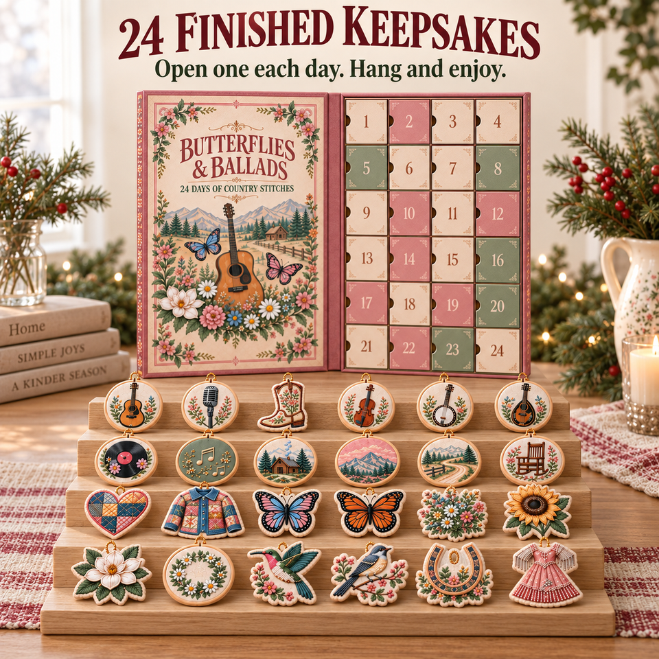 Butterflies and Ballads advent calendar with all 24 different embroidered keepsakes displayed