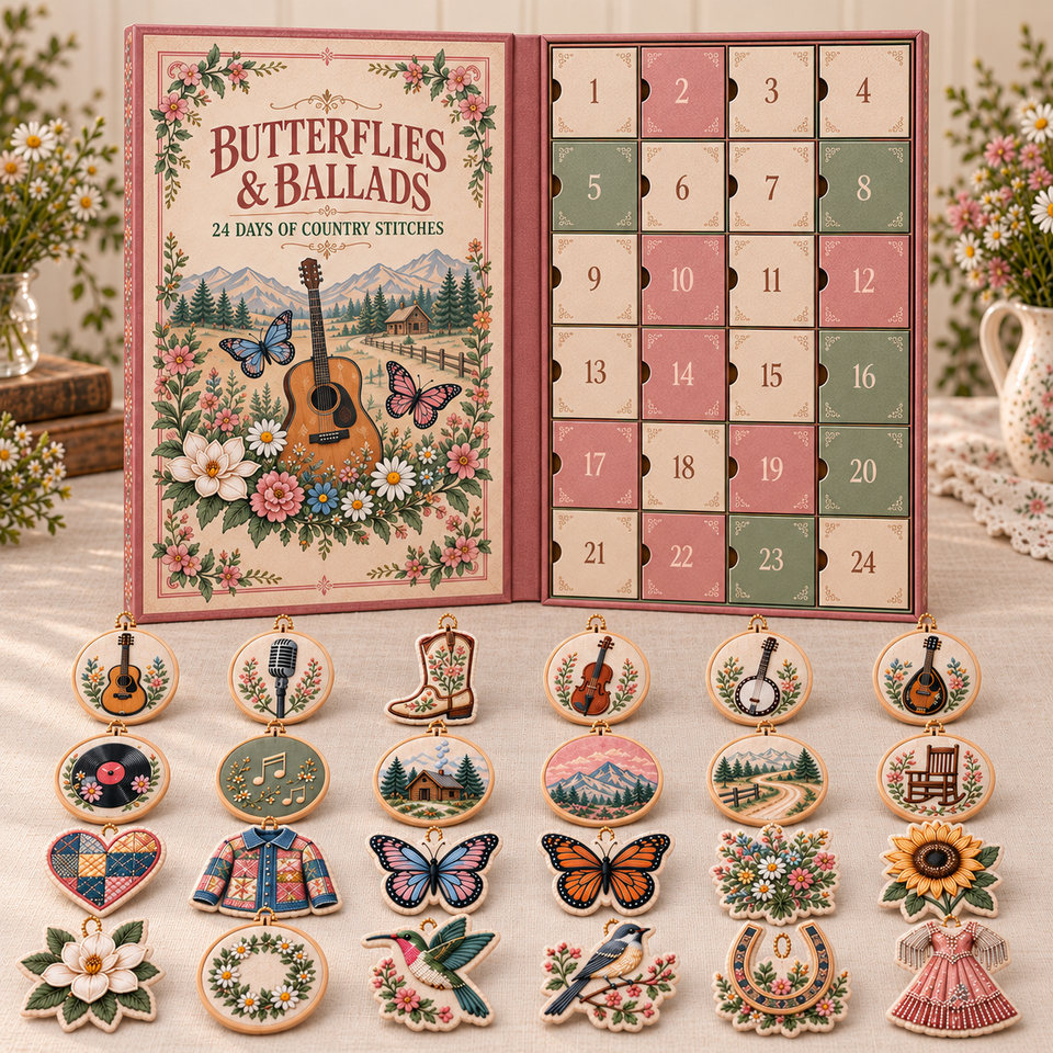 Open Butterflies and Ballads calendar beside the complete collection of 24 unique country-themed ornaments