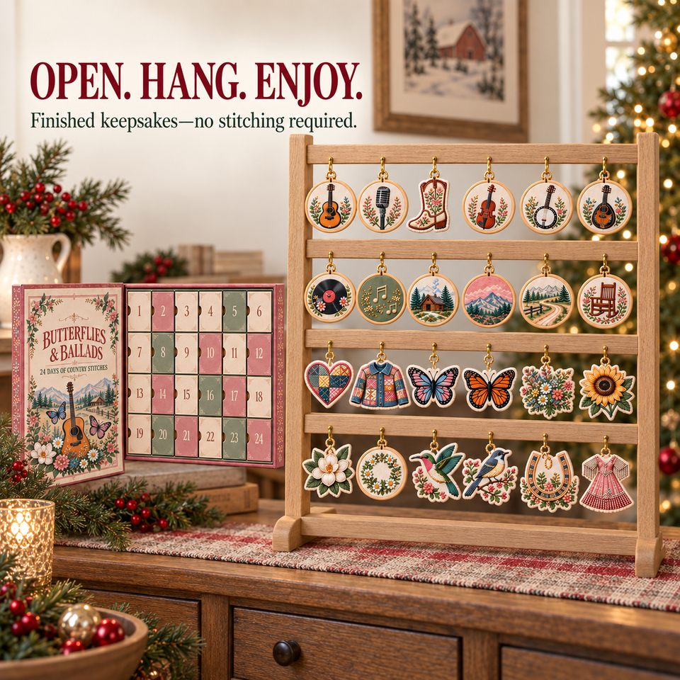 The calendar and all 24 finished keepsakes displayed as hanging holiday ornaments