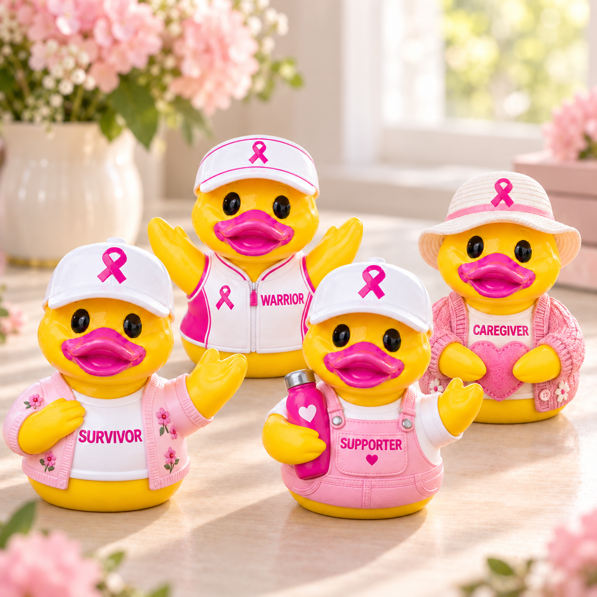 ❤️No One Fights Alone — 4-Piece Pink Ribbon Support Duck Collection