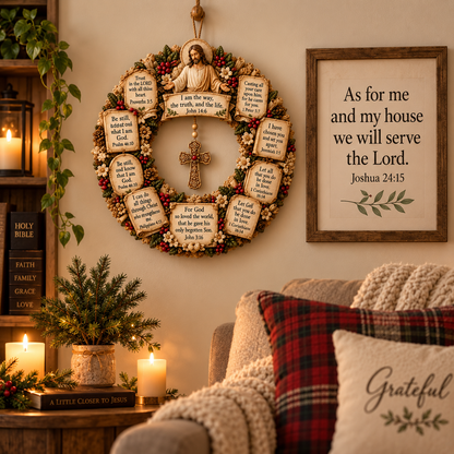 ✝️Faith & Scripture Wooden Wreath – Inspirational Bible Verse Home Decor