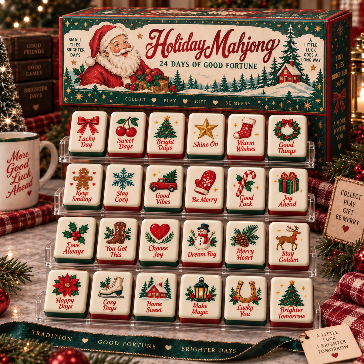 Full 24 piece Holiday Mahjong miniature tile collection displayed on clear racks