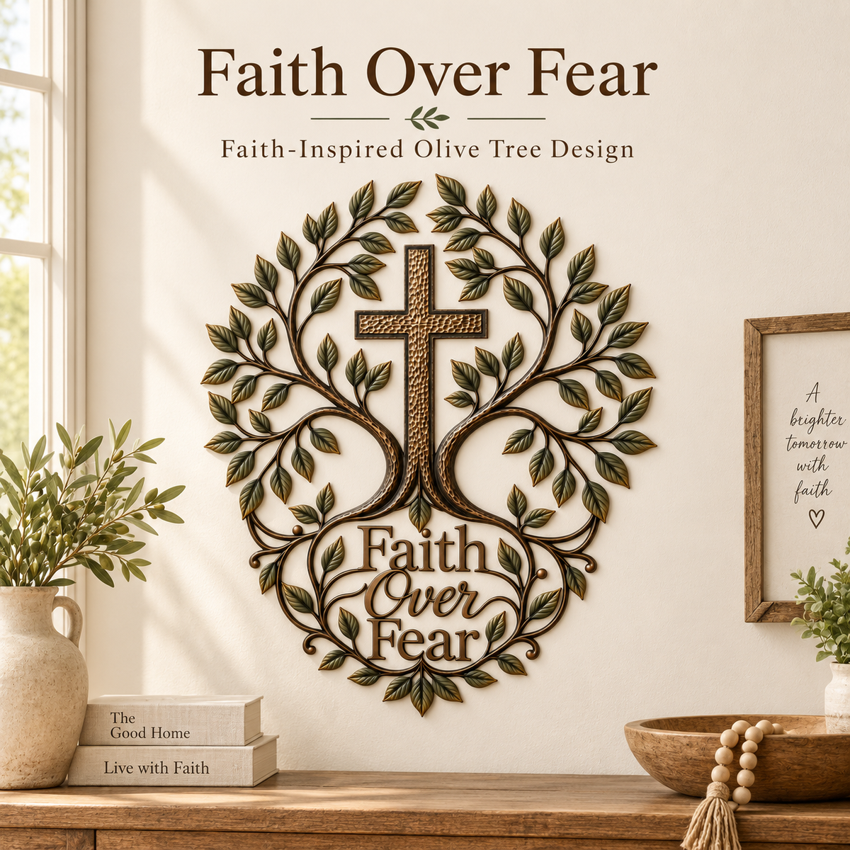 Faith Over Fear olive tree cross wall art