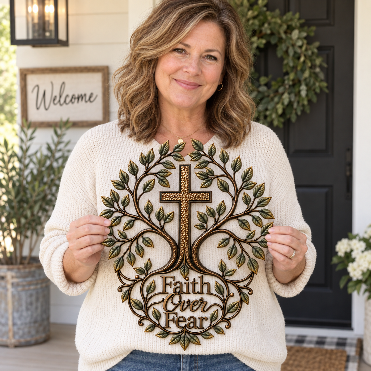 Customer holding Faith Over Fear wall art