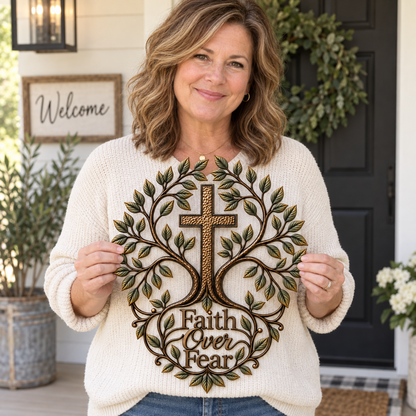 ✝️🌿Faith Over Fear – Olive Tree Cross Metal Wall Art