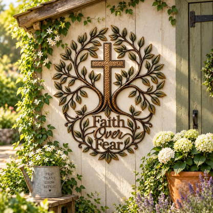 ✝️🌿Faith Over Fear – Olive Tree Cross Metal Wall Art