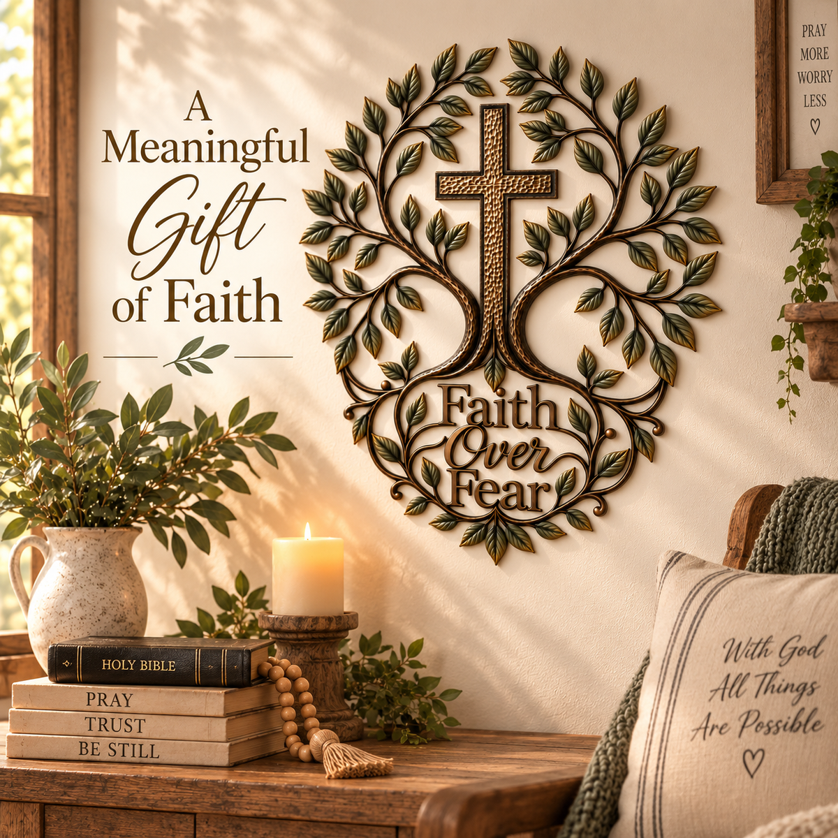 ✝️🌿Faith Over Fear – Olive Tree Cross Metal Wall Art