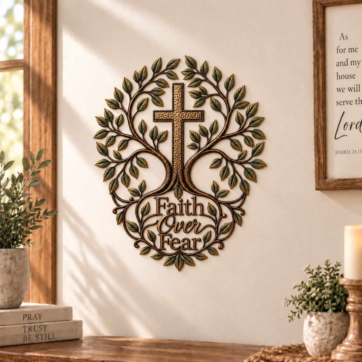 ✝️🌿Faith Over Fear – Olive Tree Cross Metal Wall Art
