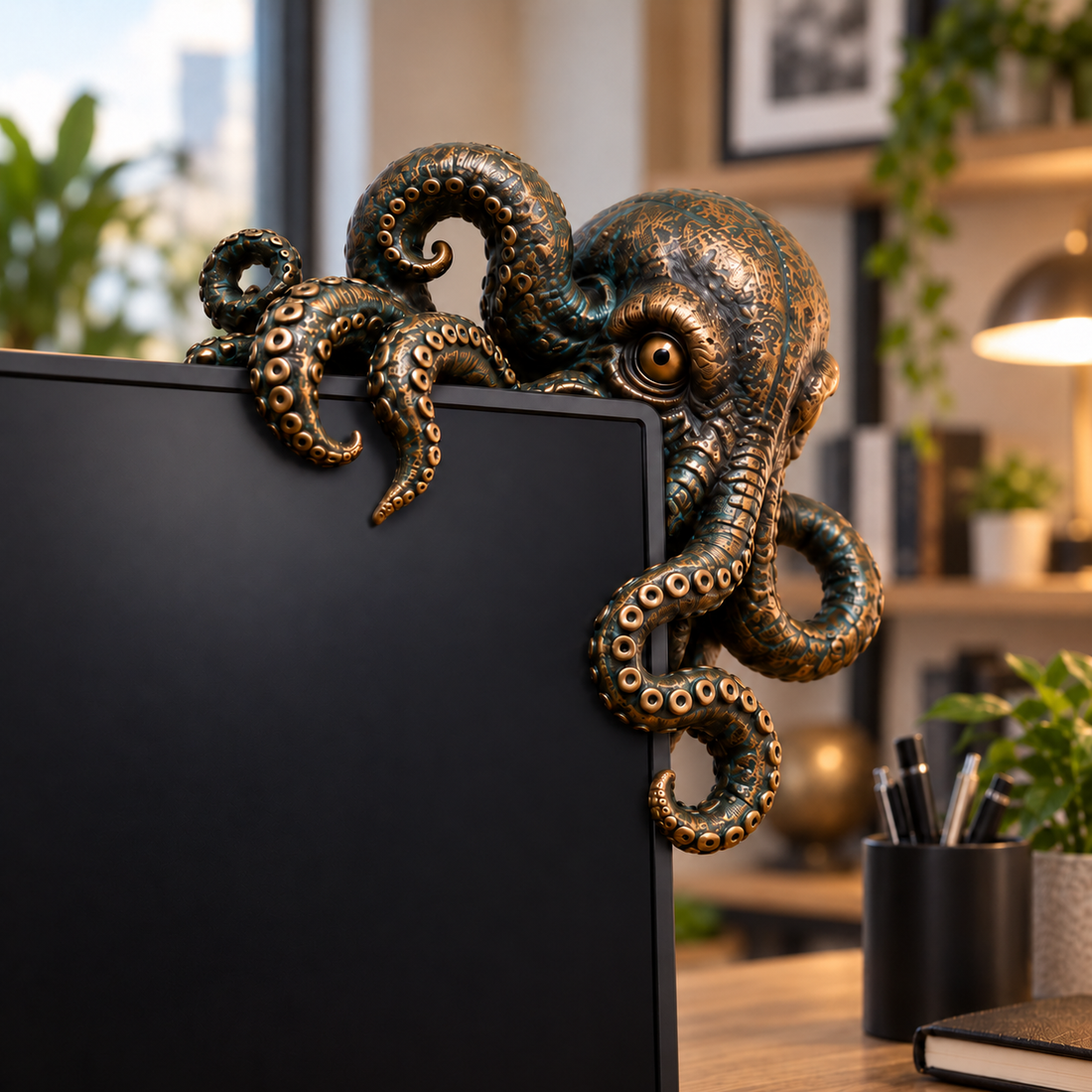 Octopus decoration wrapping its tentacles around a computer monitor