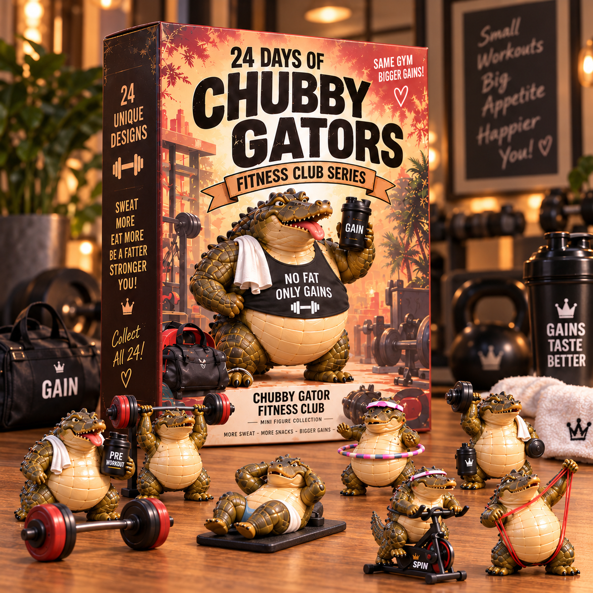 Chubby Gators blind box displayed with workout figurines