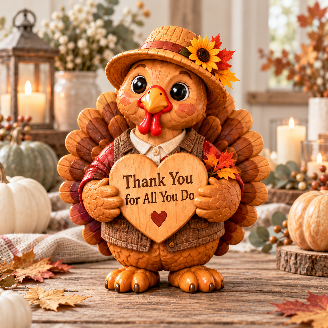 Everyday Hero turkey holding a wooden Thank You for All You Do heart