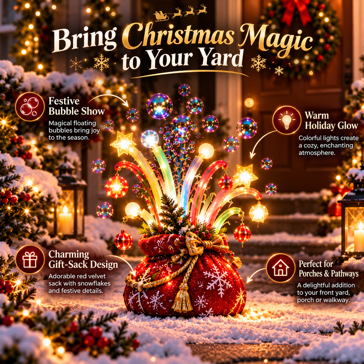 Christmas bubble gift sack display featuring its festive lights and decorative details