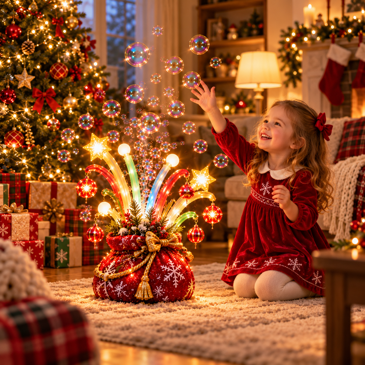 Child enjoying floating bubbles beside a Christmas tree and illuminated gift sack