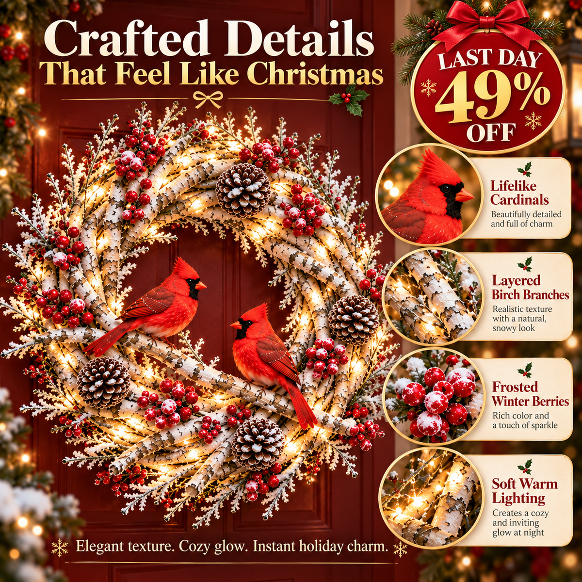 🔥❤️Frosted Woodland Cardinal Wreath – Festive Illuminated Entryway Decor