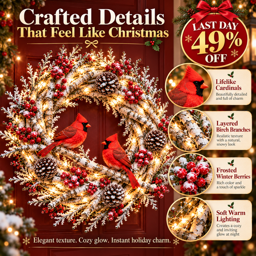 🔥❤️Frosted Woodland Cardinal Wreath – Festive Illuminated Entryway Decor