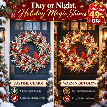 🔥❤️Frosted Woodland Cardinal Wreath – Festive Illuminated Entryway Decor