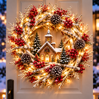 🔥❤️Frosted Woodland Cardinal Wreath – Festive Illuminated Entryway Decor