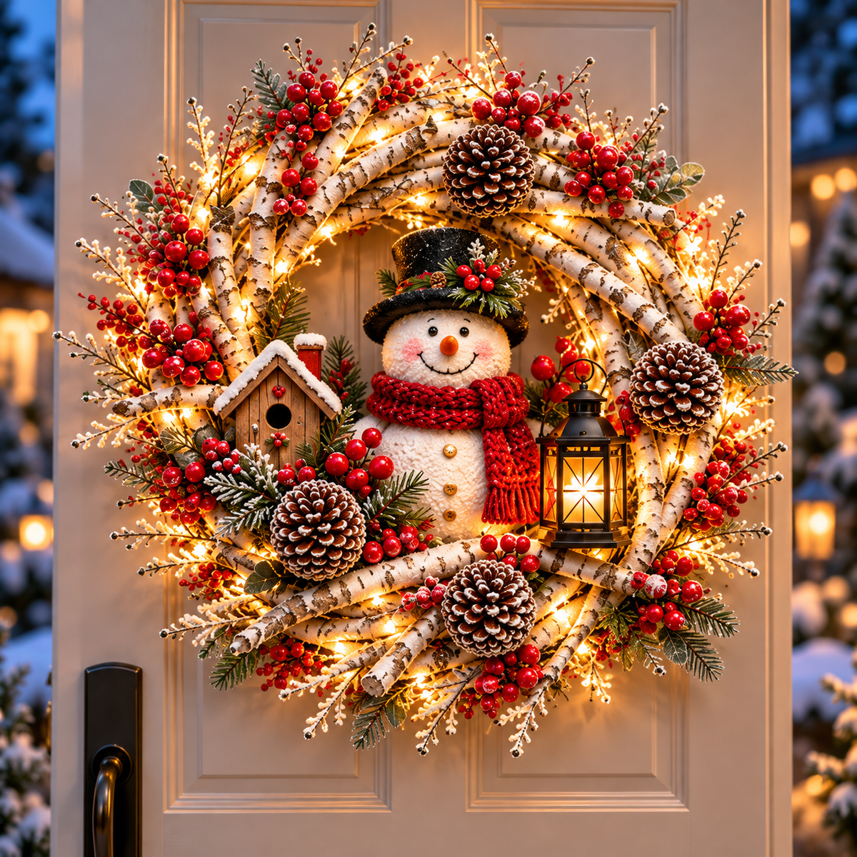 🔥❤️Frosted Woodland Cardinal Wreath – Festive Illuminated Entryway Decor