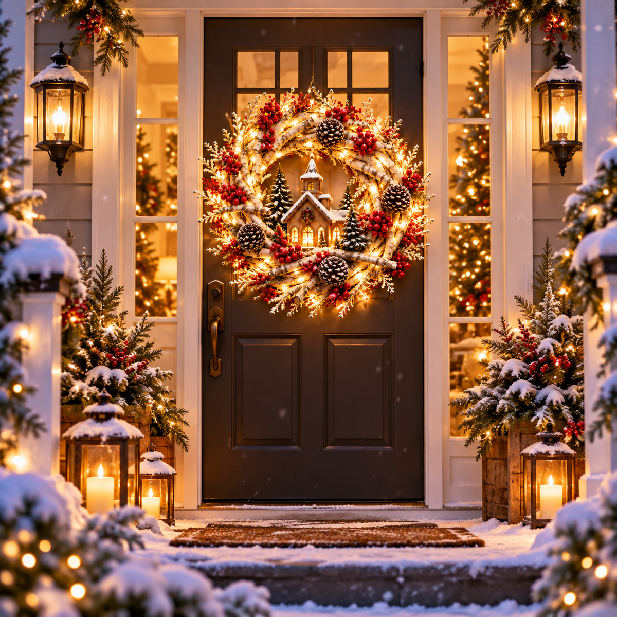 Warm illuminated birch Christmas wreath displayed on an entryway door