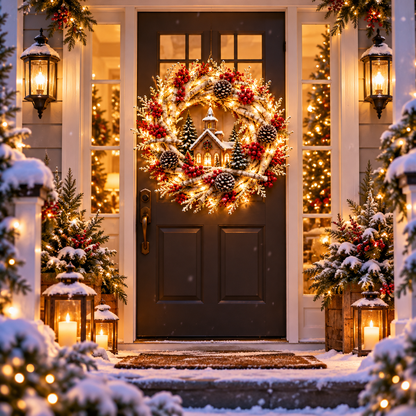 🔥❤️Frosted Woodland Cardinal Wreath – Festive Illuminated Entryway Decor