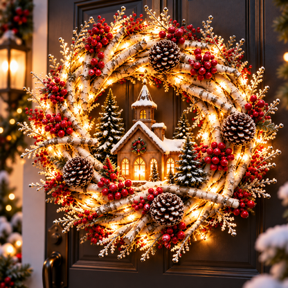 🔥❤️Frosted Woodland Cardinal Wreath – Festive Illuminated Entryway Decor
