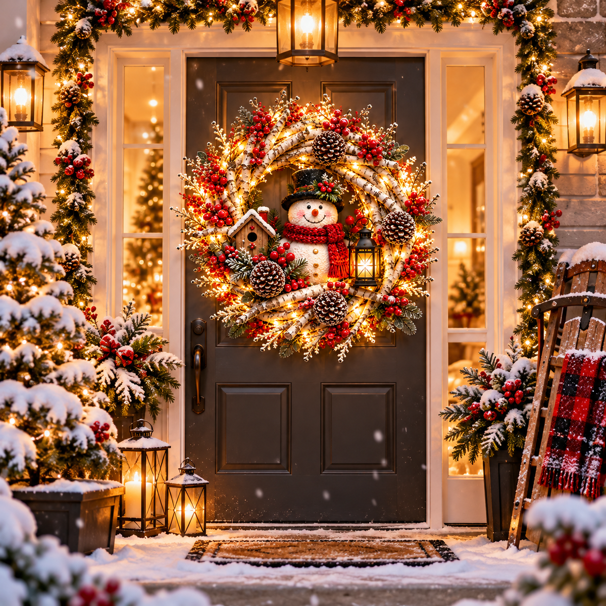🔥❤️Frosted Woodland Cardinal Wreath – Festive Illuminated Entryway Decor