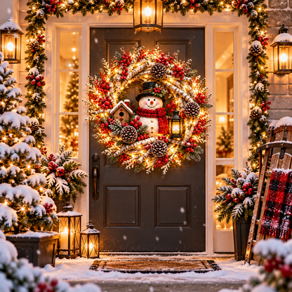 🔥❤️Frosted Woodland Cardinal Wreath – Festive Illuminated Entryway Decor