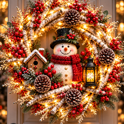 🔥❤️Frosted Woodland Cardinal Wreath – Festive Illuminated Entryway Decor