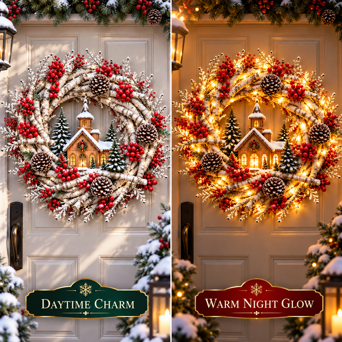 🔥❤️Frosted Woodland Cardinal Wreath – Festive Illuminated Entryway Decor