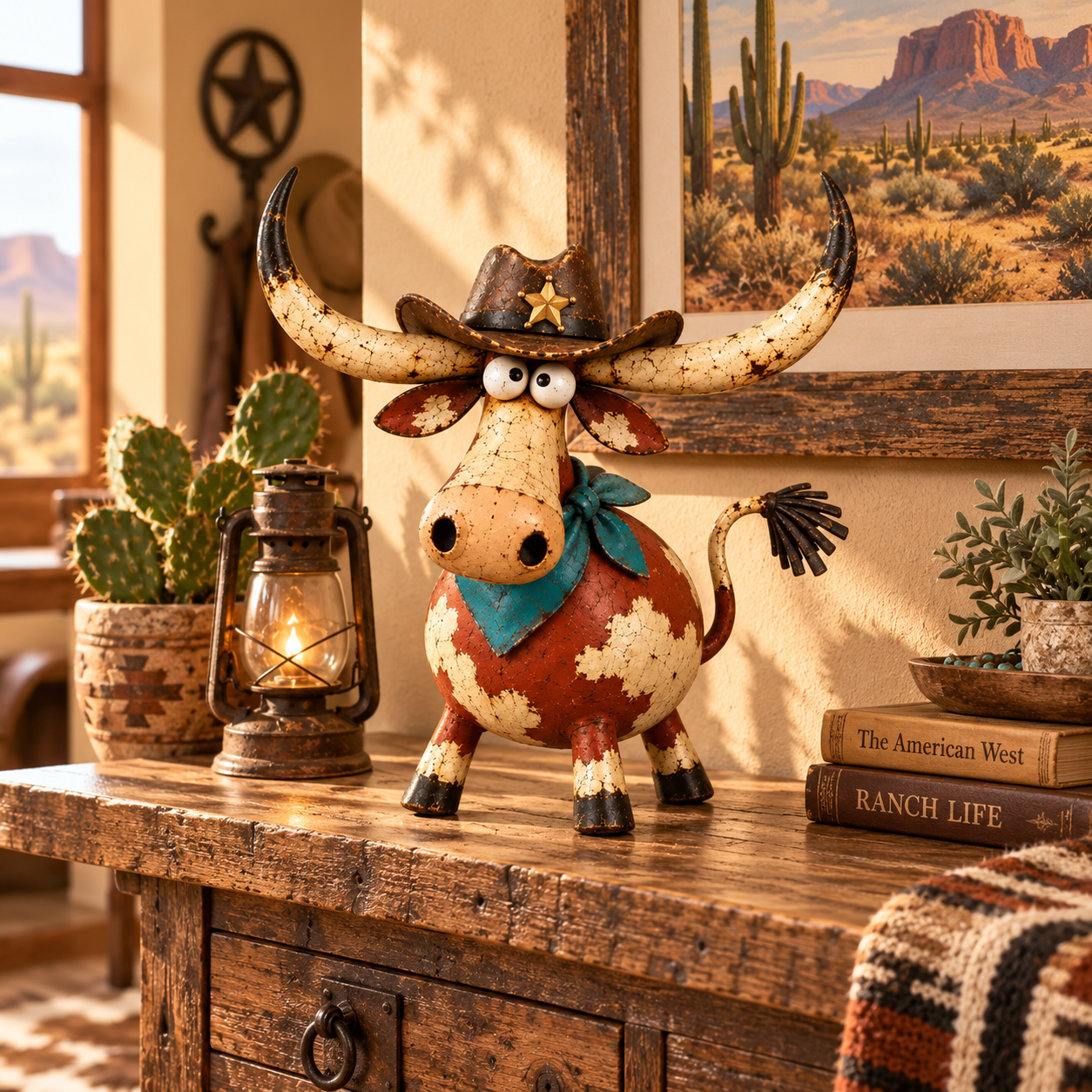 Wild West Longhorn Cowboy rustic ranch figurine in western home