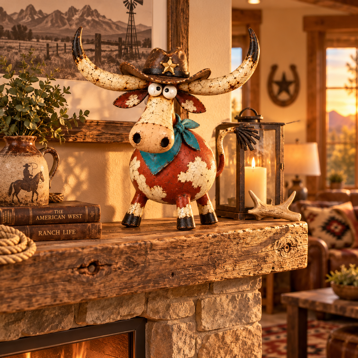 Wild West Longhorn Cowboy on rustic fireplace mantel