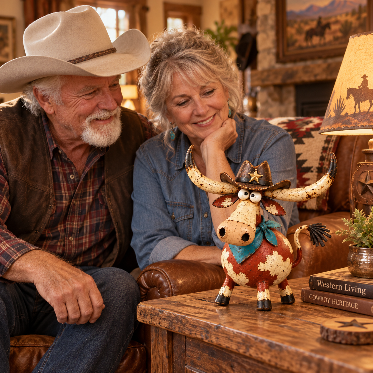 Older couple enjoying Wild West Longhorn Cowboy figurine