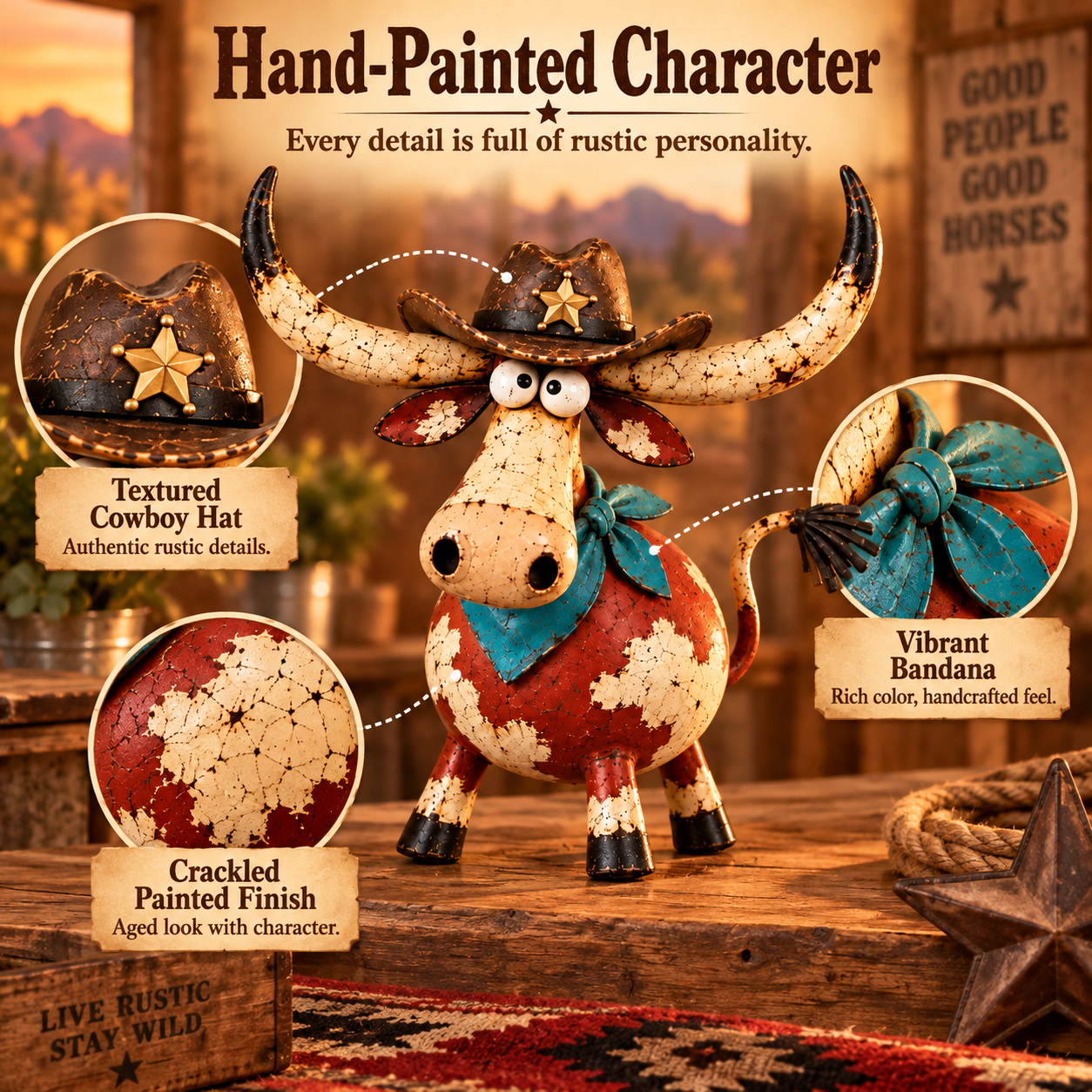 Wild West Longhorn Cowboy hand painted rustic details