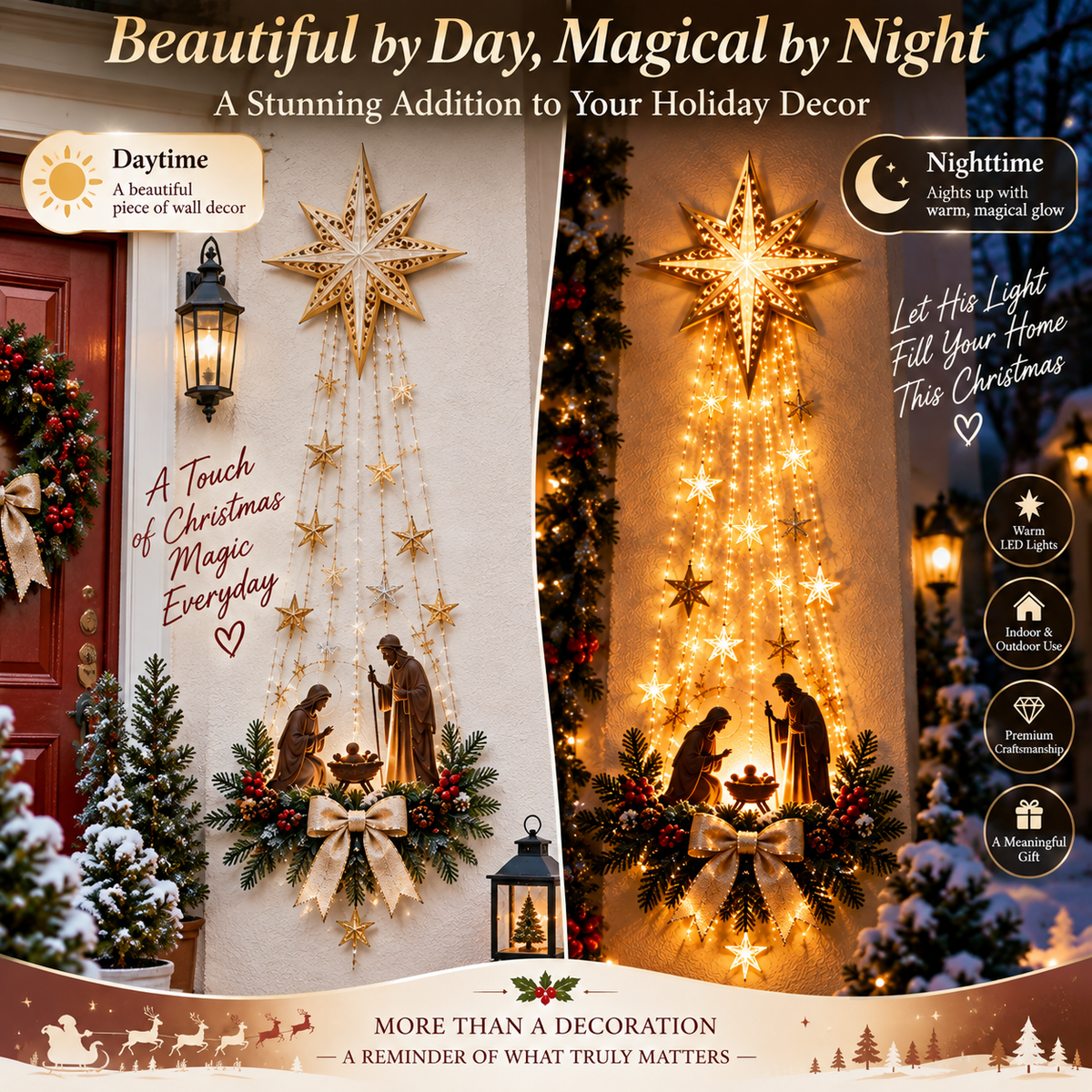 Lighted Nativity wall decor day and night comparison
