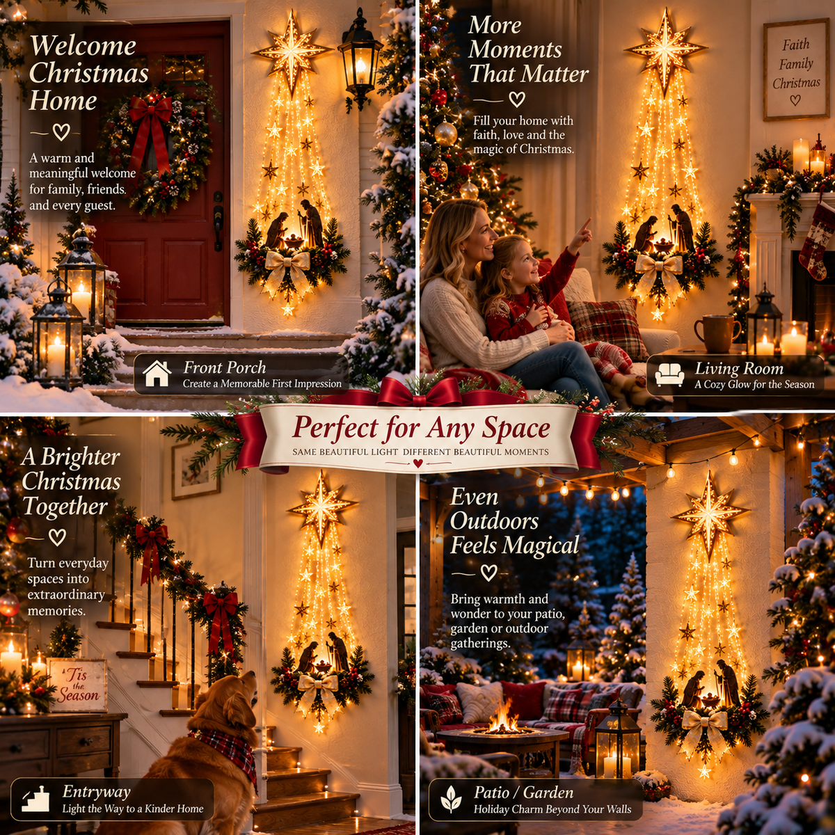 Lighted Nativity wall decor displayed in different home spaces