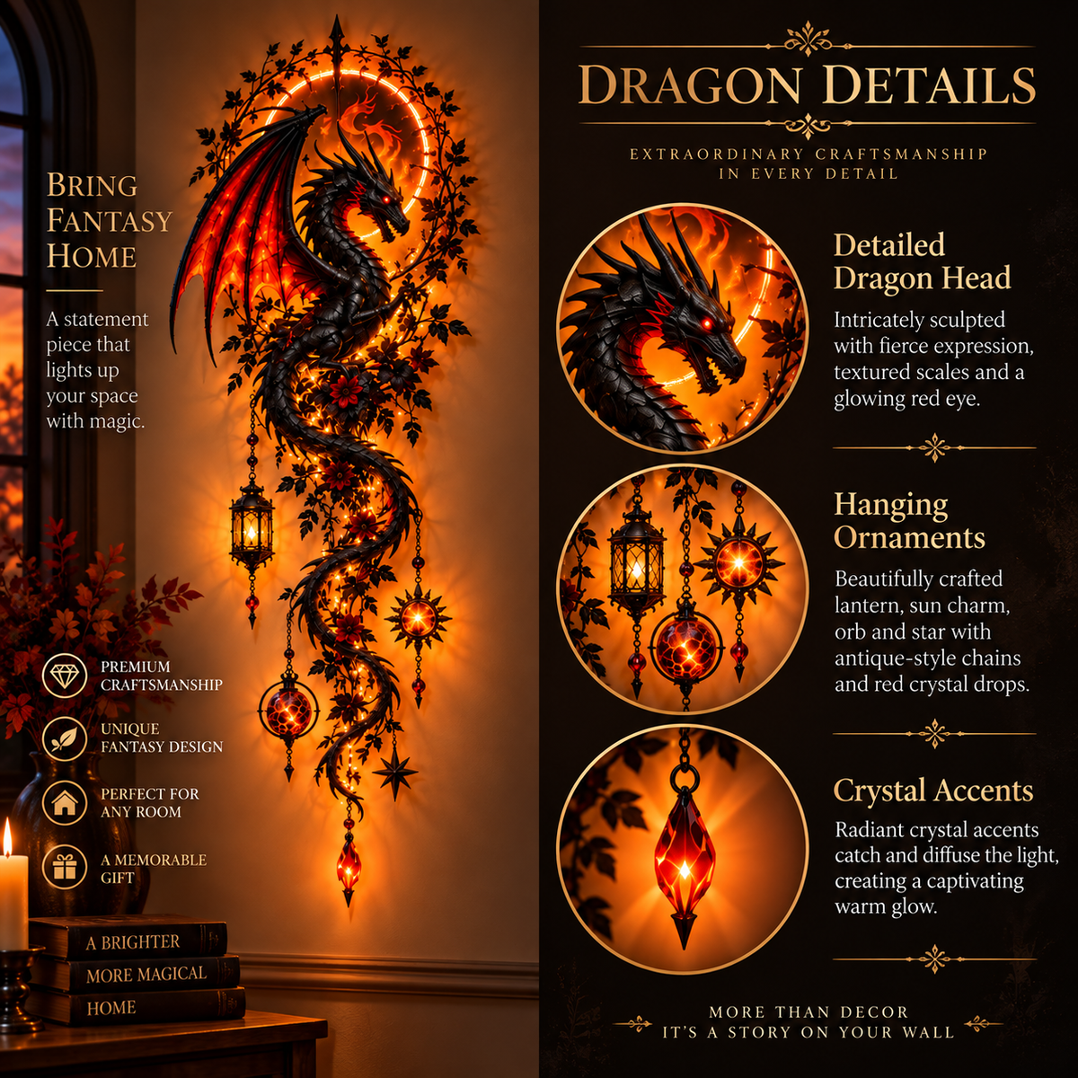Dragon illuminated wall decor detail view