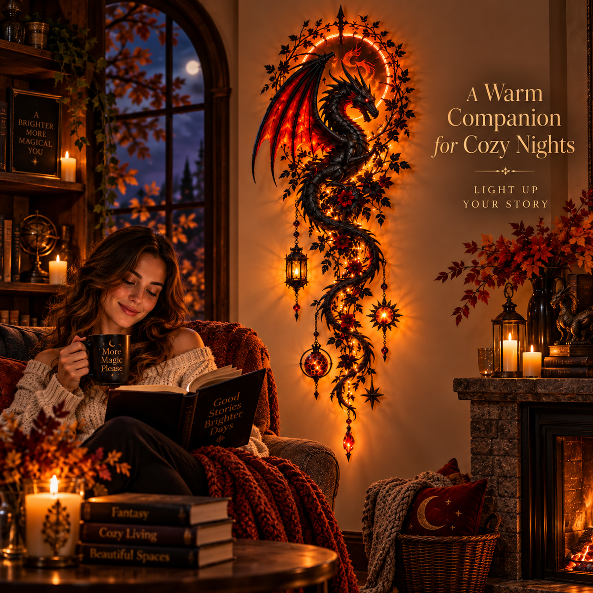 Woman relaxing beside illuminated dragon wall decor