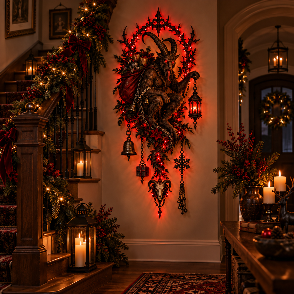 Krampus wall decor displayed beside staircase