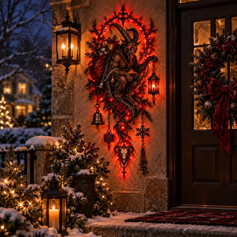 Krampus wall decor displayed beside covered entryway