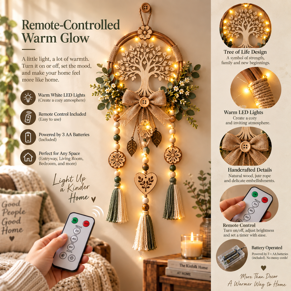 Full product feature image showing the illuminated Tree of Life and remote control