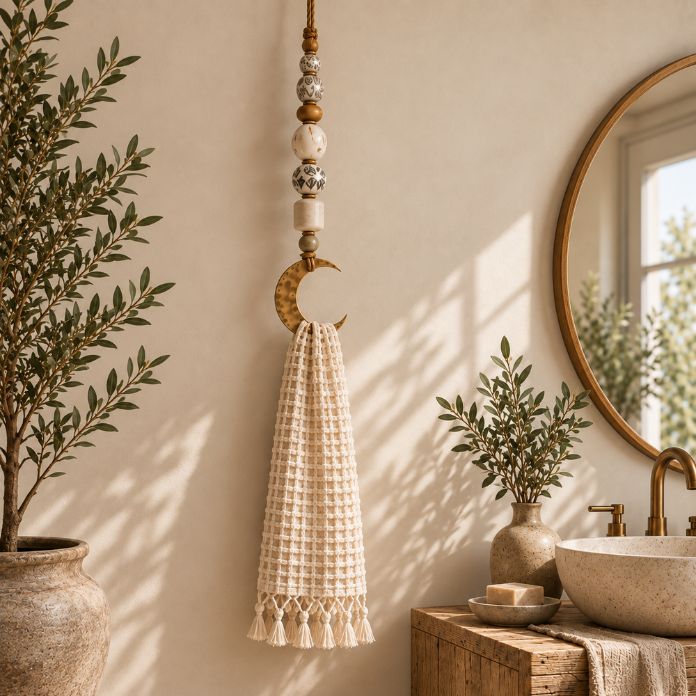 Crescent detail boho beaded towel hanger