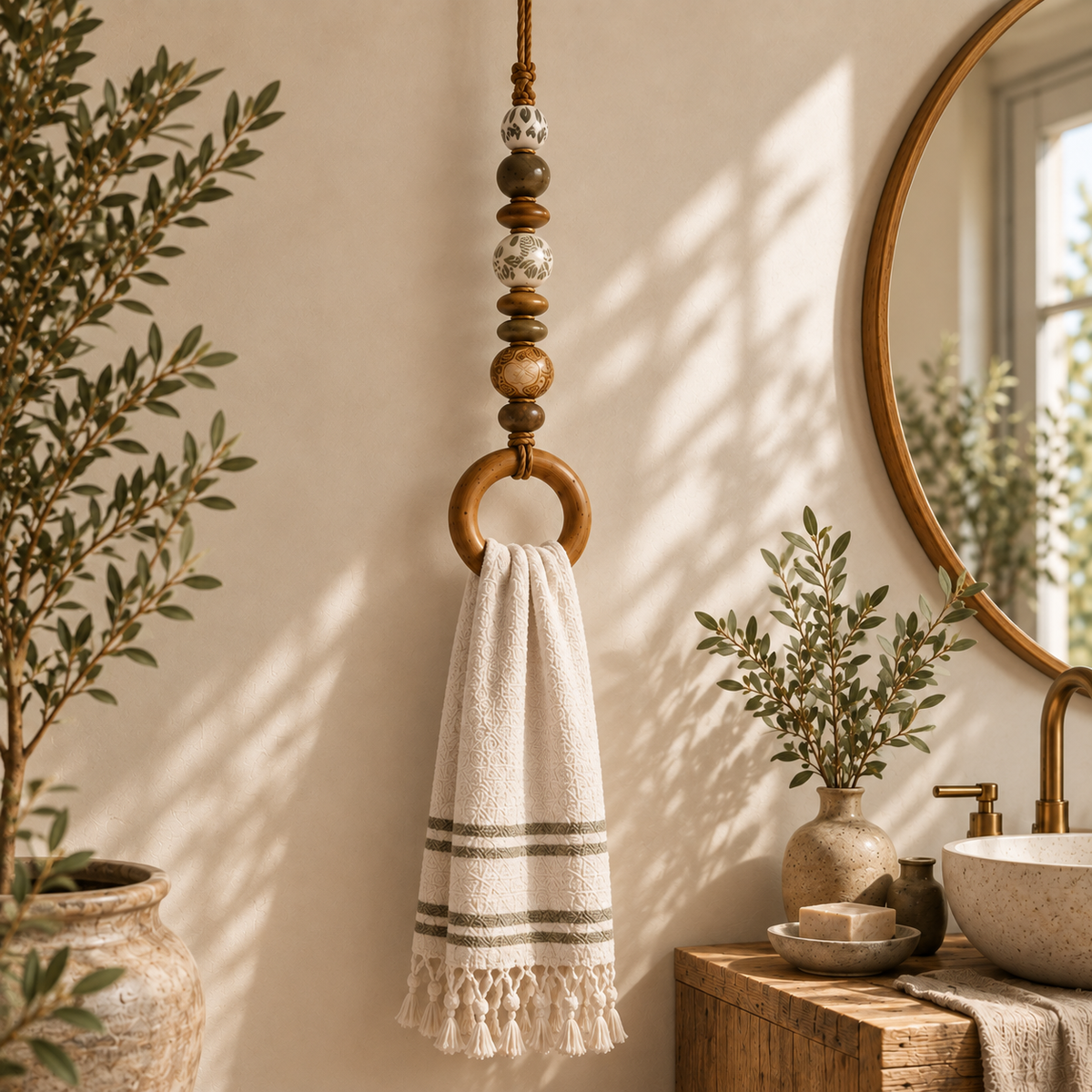 🔥😍Beaded Wooden Towel Holder – Rustic Boho Home Decor