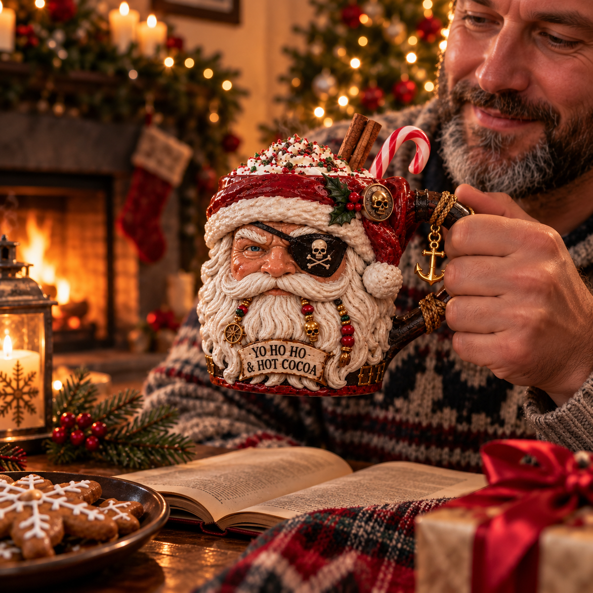 Pirate Santa Mug enjoyed during a cozy Christmas evening