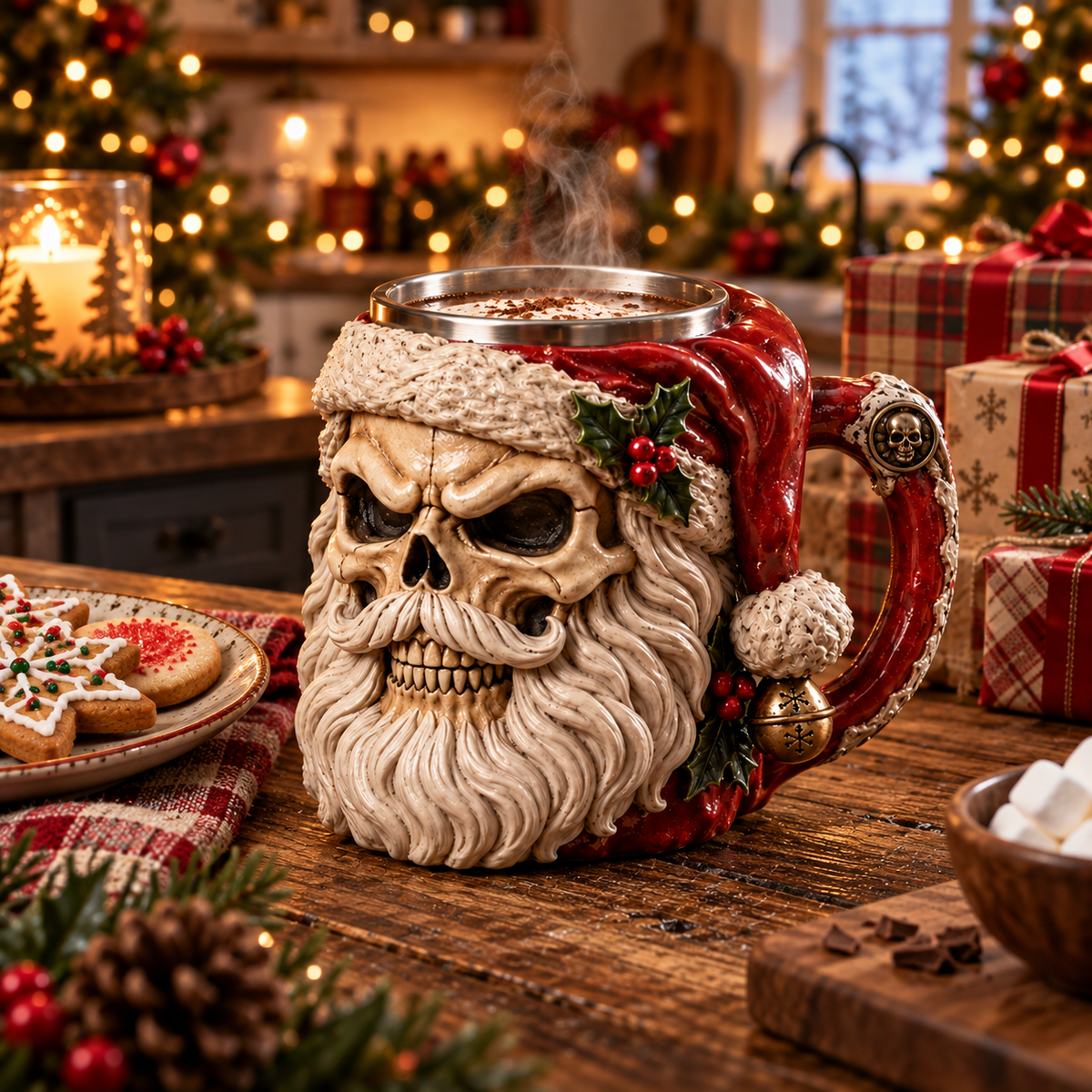 Skull Santa Mug in a warm Christmas kitchen
