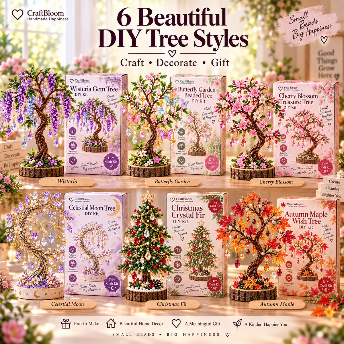 Complete collection of six DIY beaded tree craft styles