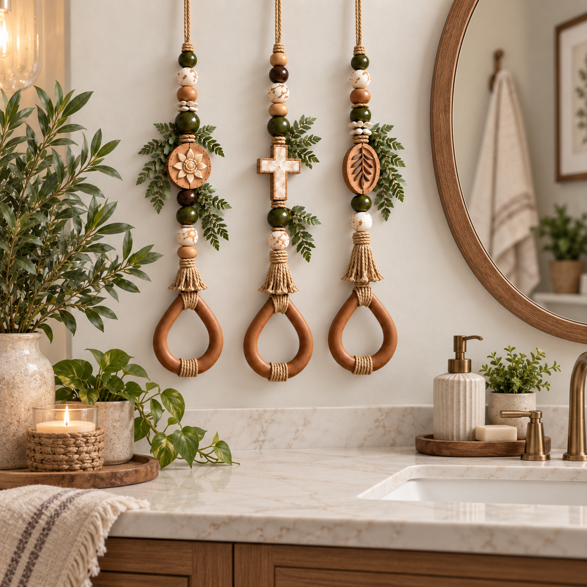 Boho teardrop wall hanger collection in a natural home