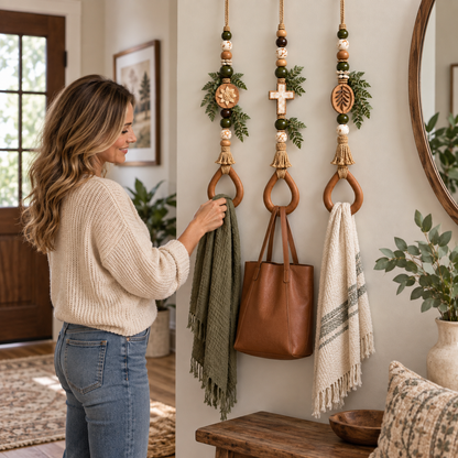 🔥😍Boho Teardrop Wall Hanger – Rustic Wooden Towel & Accessory Organizer