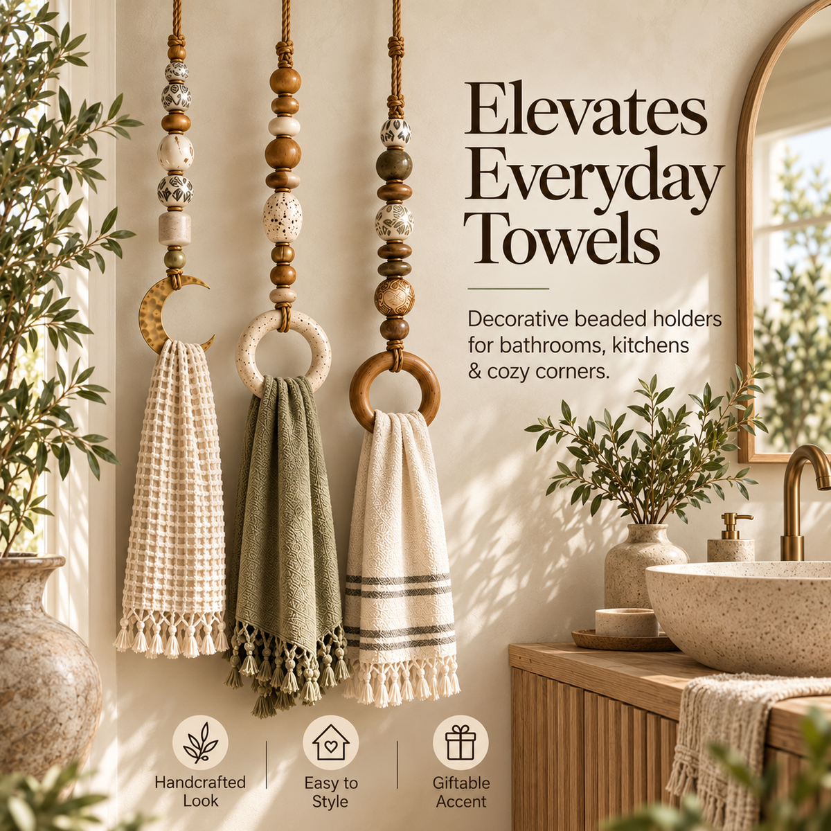 🔥😍Beaded Wooden Towel Holder – Rustic Boho Home Decor