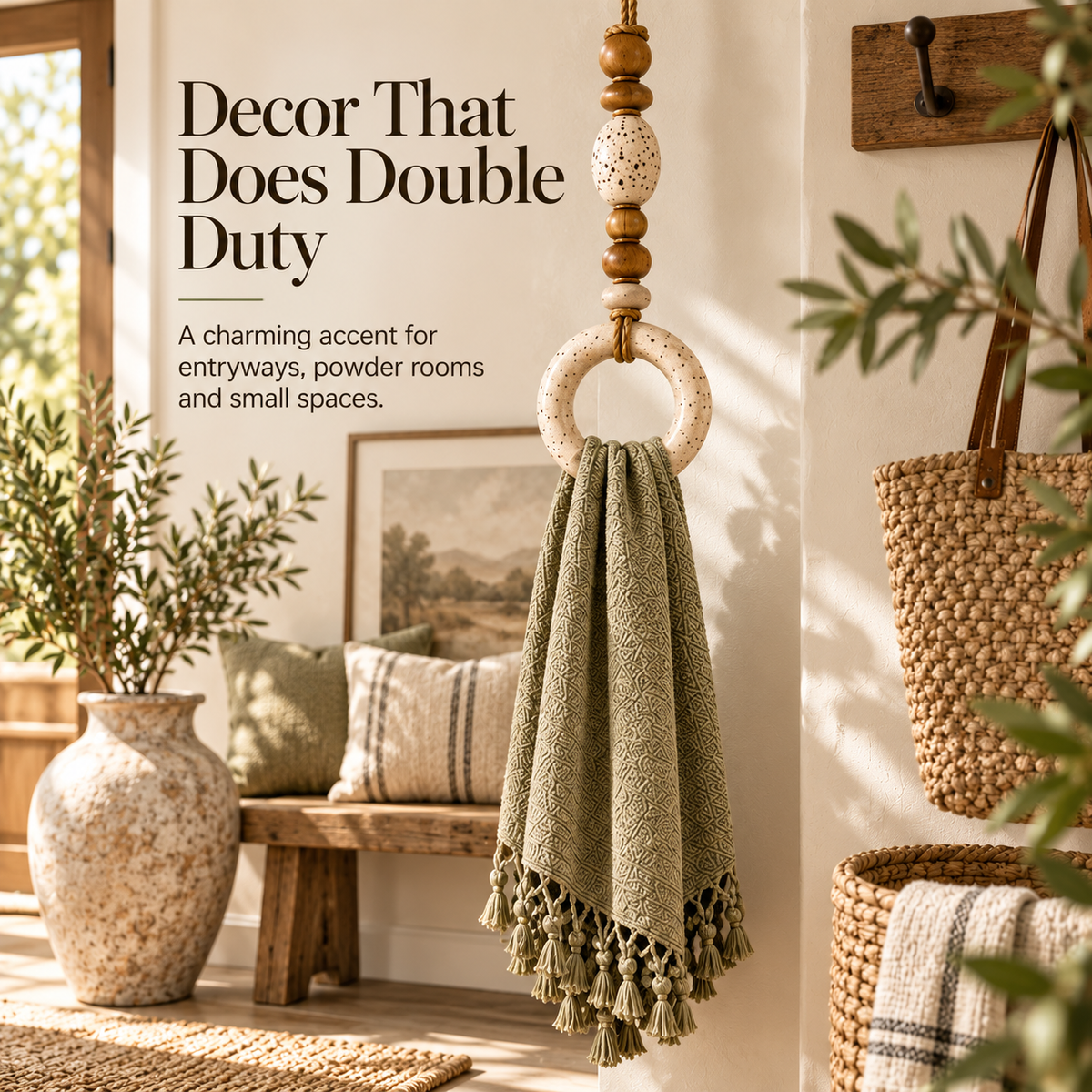 🔥😍Beaded Wooden Towel Holder – Rustic Boho Home Decor
